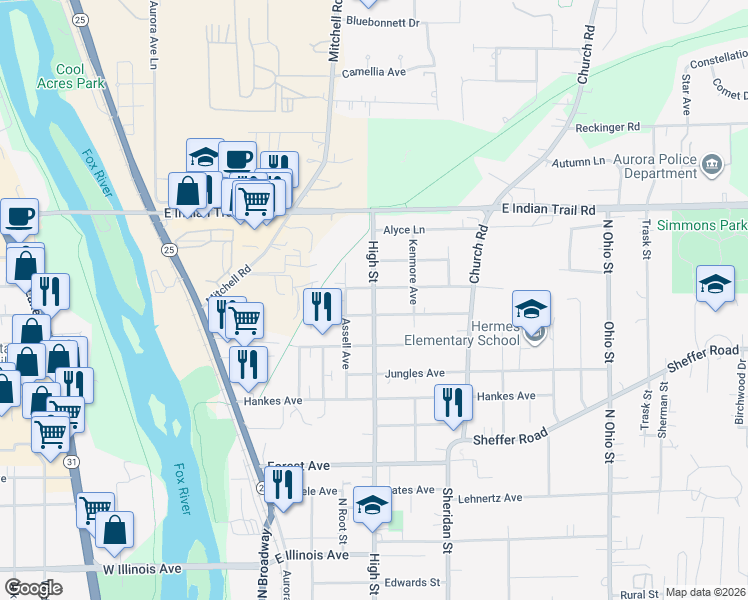 map of restaurants, bars, coffee shops, grocery stores, and more near 417 Edison Avenue in Aurora