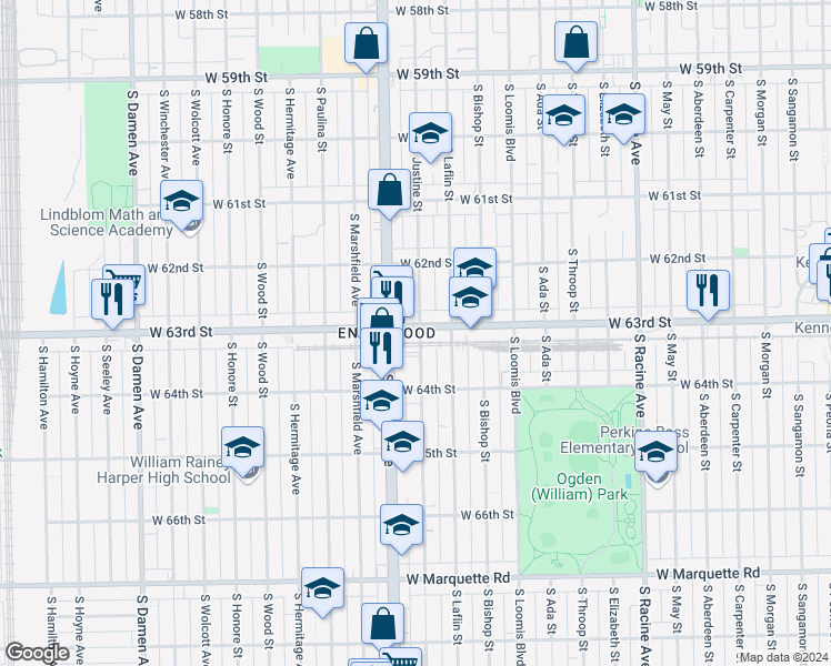 map of restaurants, bars, coffee shops, grocery stores, and more near 1535 West 63rd Street in Chicago