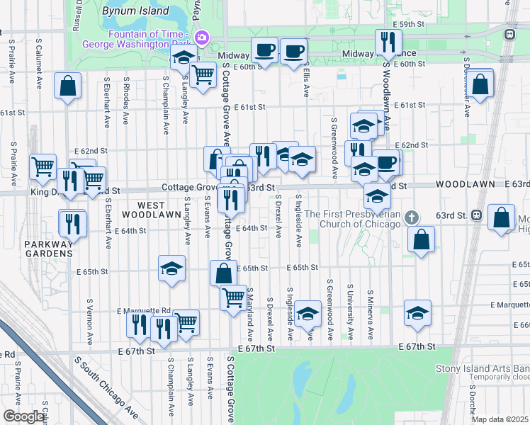 map of restaurants, bars, coffee shops, grocery stores, and more near 857 East 63rd Place in Chicago