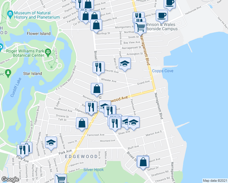 map of restaurants, bars, coffee shops, grocery stores, and more near 186 Grand Avenue in Cranston
