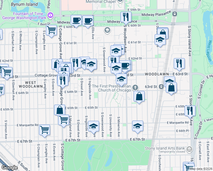 map of restaurants, bars, coffee shops, grocery stores, and more near South Greenwood Avenue & East 64th Street in Chicago