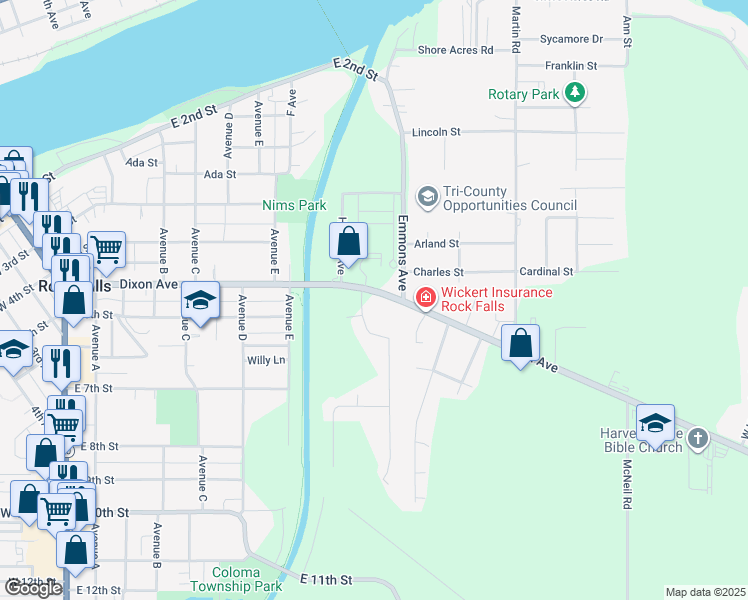 map of restaurants, bars, coffee shops, grocery stores, and more near 908 Dixon Avenue in Rock Falls