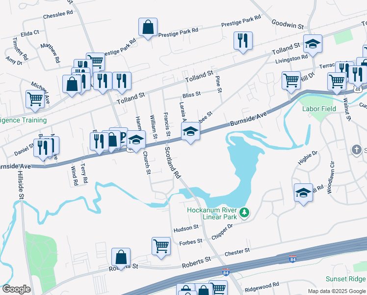 map of restaurants, bars, coffee shops, grocery stores, and more near 763 Burnside Avenue in East Hartford