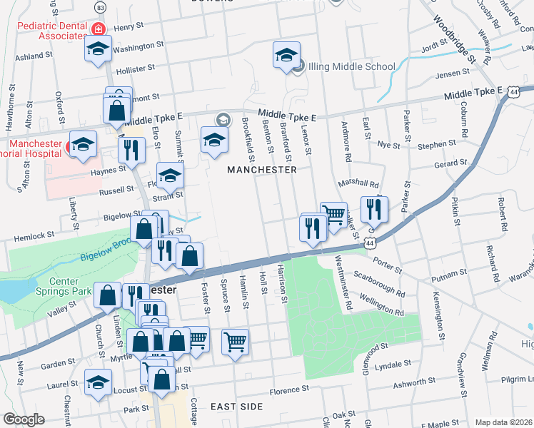 map of restaurants, bars, coffee shops, grocery stores, and more near 57 Brookfield Street in Manchester
