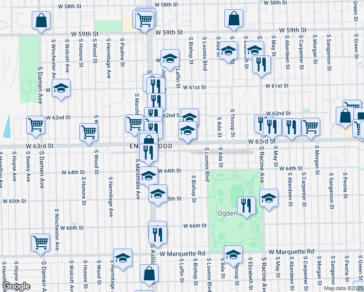 map of restaurants, bars, coffee shops, grocery stores, and more near 1455 West 63rd Street in Chicago