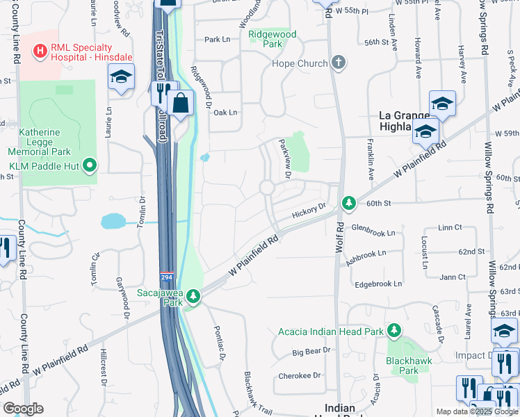 map of restaurants, bars, coffee shops, grocery stores, and more near 5922 Timber Trails Boulevard in Western Springs