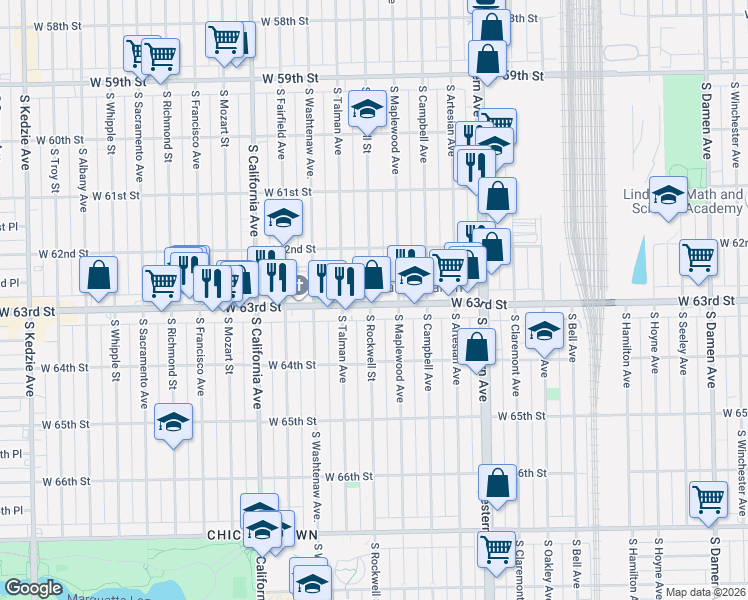 map of restaurants, bars, coffee shops, grocery stores, and more near 2558 W 63rd St in Chicago