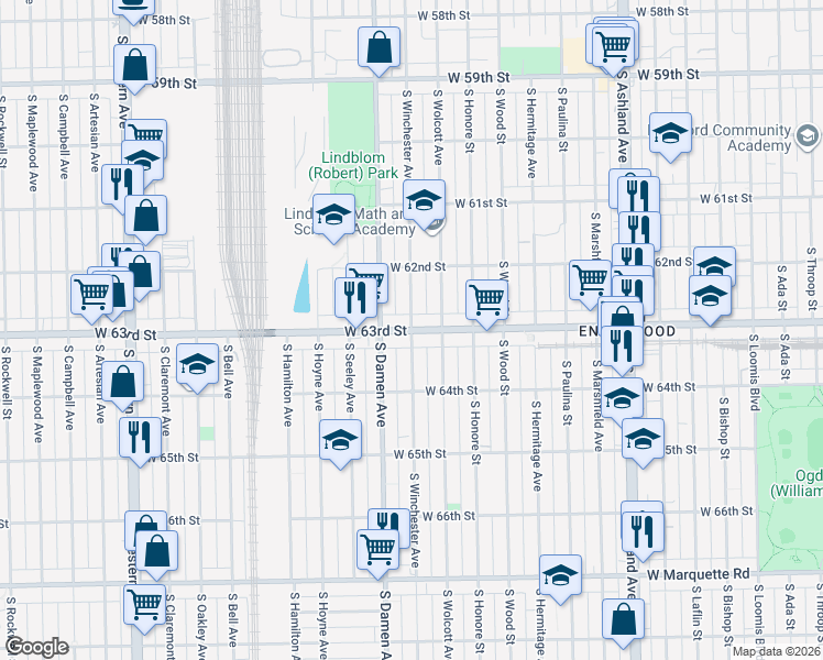 map of restaurants, bars, coffee shops, grocery stores, and more near West 63rd Street & South Winchester Avenue in Chicago