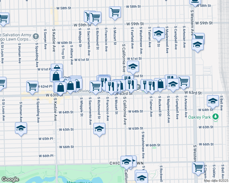 map of restaurants, bars, coffee shops, grocery stores, and more near 6250 South Mozart Street in Chicago