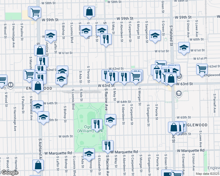 map of restaurants, bars, coffee shops, grocery stores, and more near 1149 West 63rd Street in Chicago