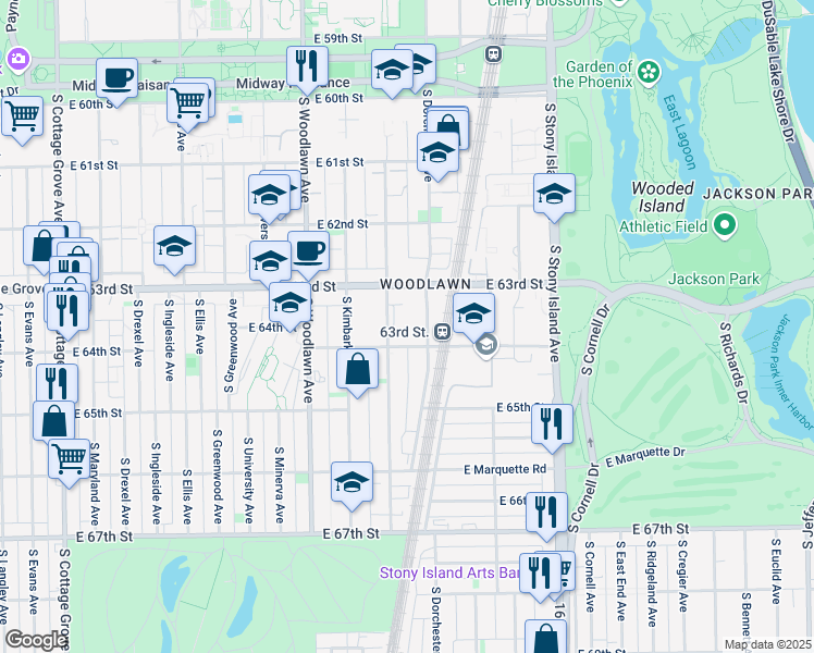 map of restaurants, bars, coffee shops, grocery stores, and more near 6320 South Dorchester Avenue in Chicago