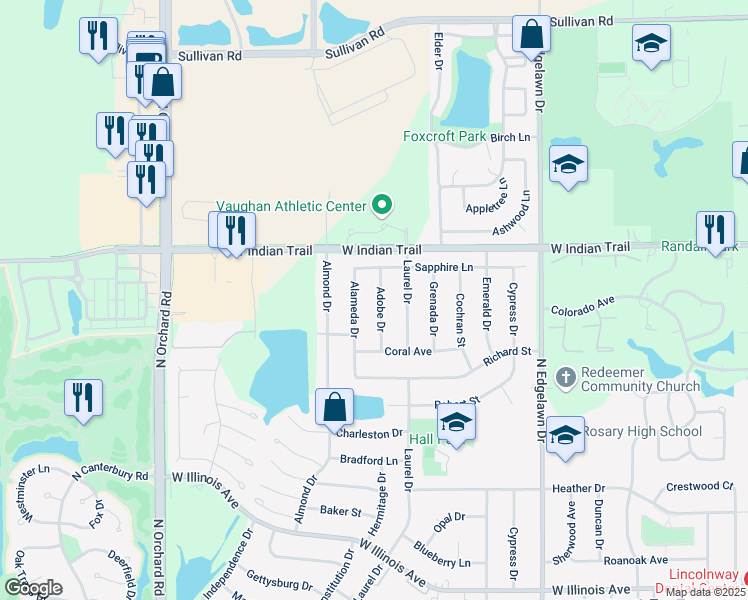 map of restaurants, bars, coffee shops, grocery stores, and more near 1110 Adobe Drive in Aurora