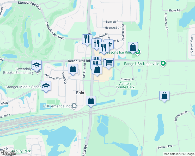 map of restaurants, bars, coffee shops, grocery stores, and more near 1127 North Eola Road in Aurora