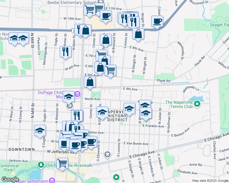 map of restaurants, bars, coffee shops, grocery stores, and more near 252 East 4th Avenue in Naperville