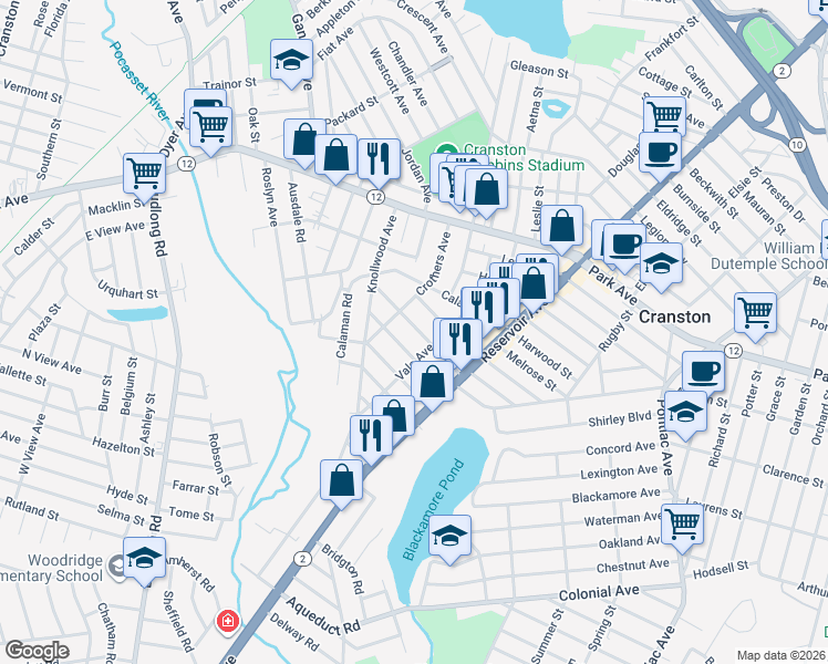 map of restaurants, bars, coffee shops, grocery stores, and more near 52 Richland Road in Cranston