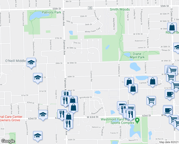 map of restaurants, bars, coffee shops, grocery stores, and more near 5920 Cumnor Road in Downers Grove