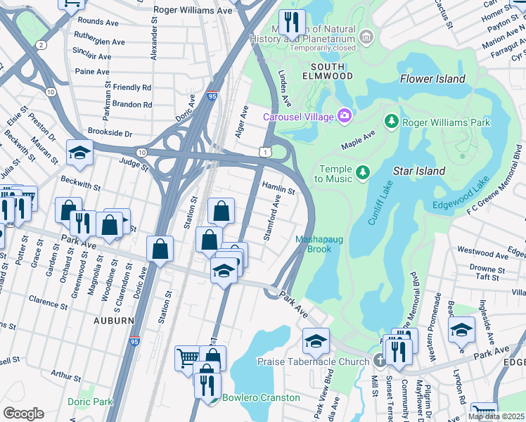 map of restaurants, bars, coffee shops, grocery stores, and more near 25 Thurston Street in Providence