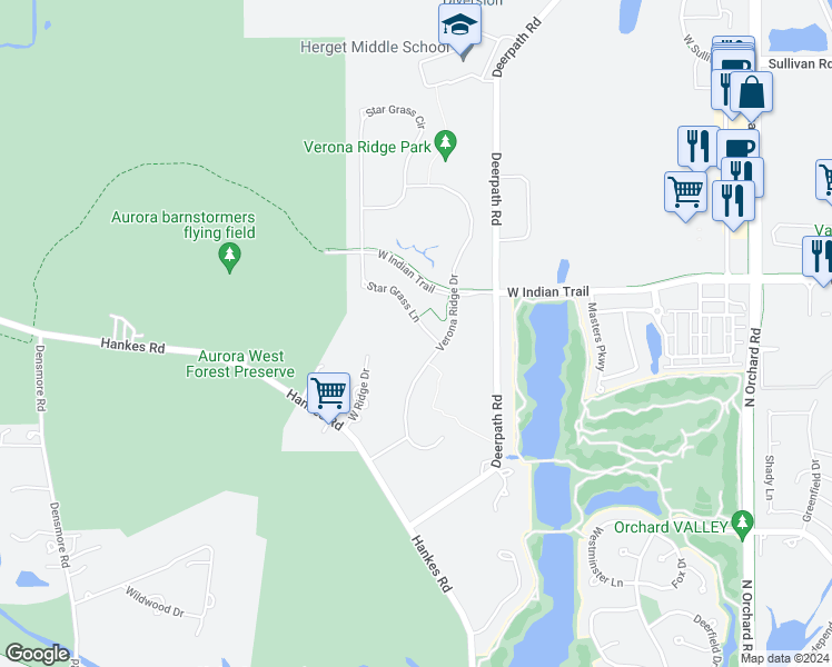 map of restaurants, bars, coffee shops, grocery stores, and more near 1148 Star Grass Lane in Aurora