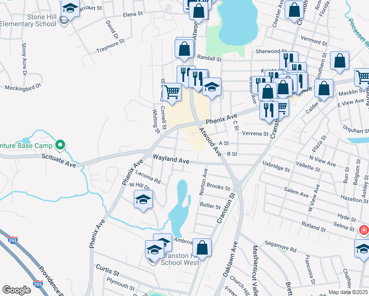 map of restaurants, bars, coffee shops, grocery stores, and more near 66 Elmhurst Ave in Cranston