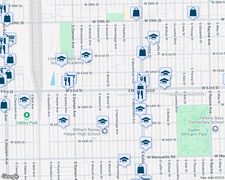 map of restaurants, bars, coffee shops, grocery stores, and more near 1745 West 63rd Street in Chicago