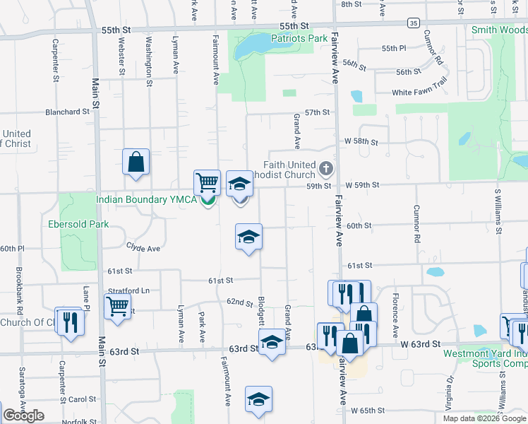 map of restaurants, bars, coffee shops, grocery stores, and more near 5921 Blodgett Avenue in Downers Grove