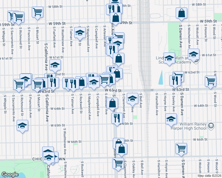 map of restaurants, bars, coffee shops, grocery stores, and more near 6254 South Western Avenue in Chicago