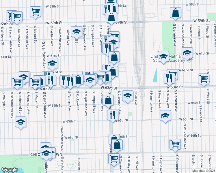 map of restaurants, bars, coffee shops, grocery stores, and more near 2404 West 63rd Street in Chicago