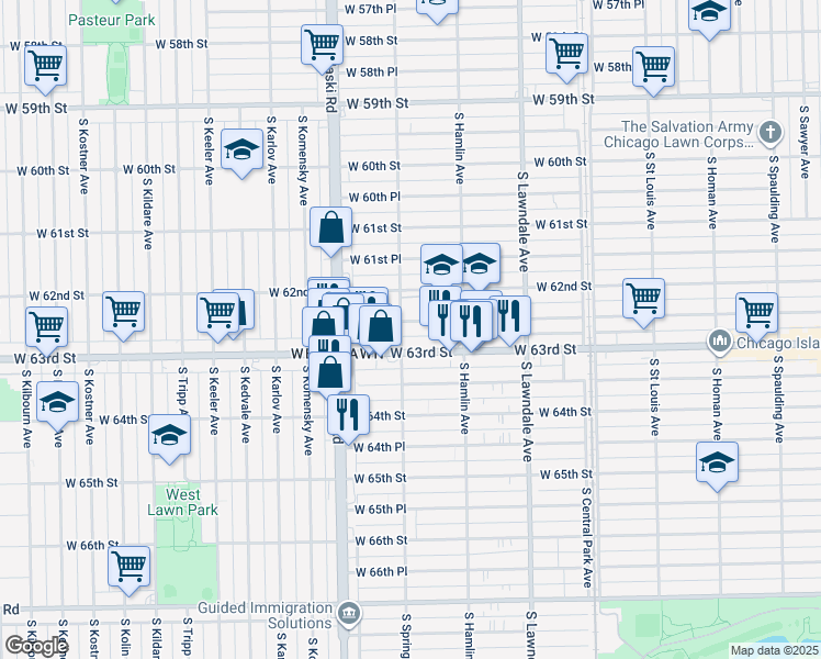 map of restaurants, bars, coffee shops, grocery stores, and more near 3851 West 62nd Place in Chicago