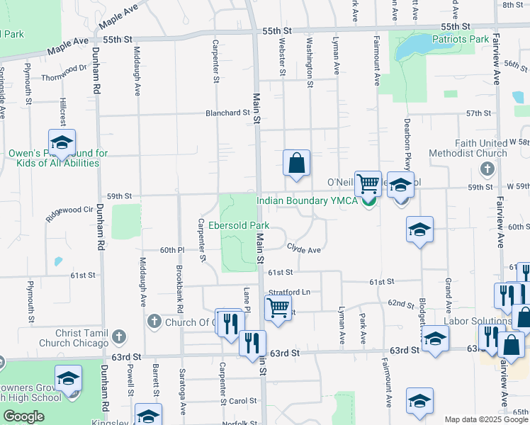 map of restaurants, bars, coffee shops, grocery stores, and more near 5923 Main Street in Downers Grove