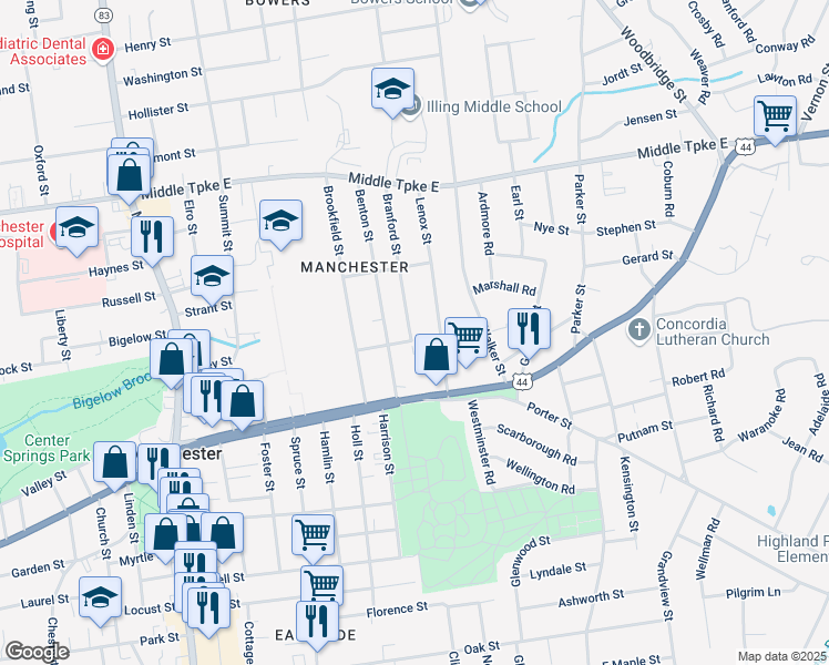 map of restaurants, bars, coffee shops, grocery stores, and more near 56 Lenox Street in Manchester