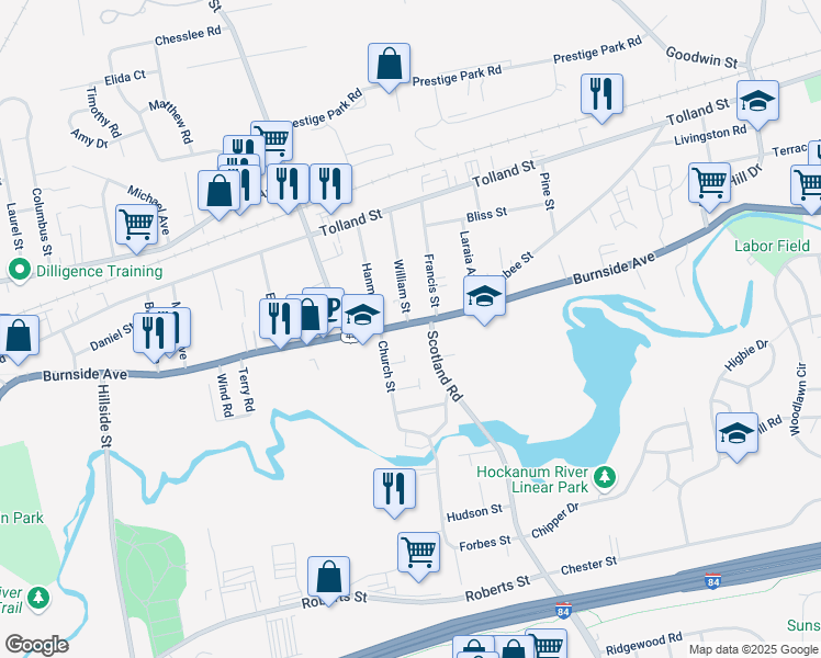 map of restaurants, bars, coffee shops, grocery stores, and more near 731 Burnside Avenue in East Hartford