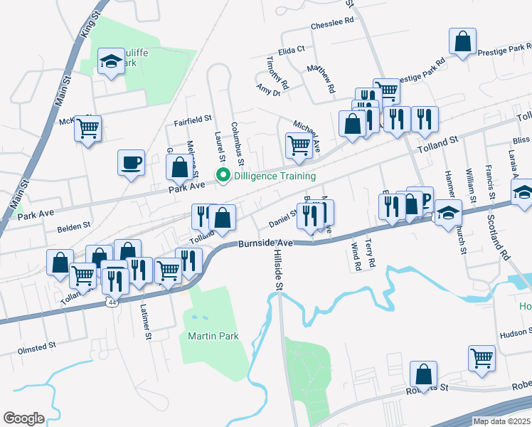 map of restaurants, bars, coffee shops, grocery stores, and more near 307a Tolland Street in East Hartford