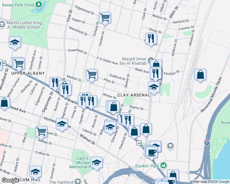 map of restaurants, bars, coffee shops, grocery stores, and more near 106 Mather Street in Hartford