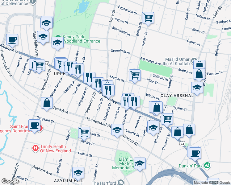 map of restaurants, bars, coffee shops, grocery stores, and more near 100 Magnolia Street in Hartford