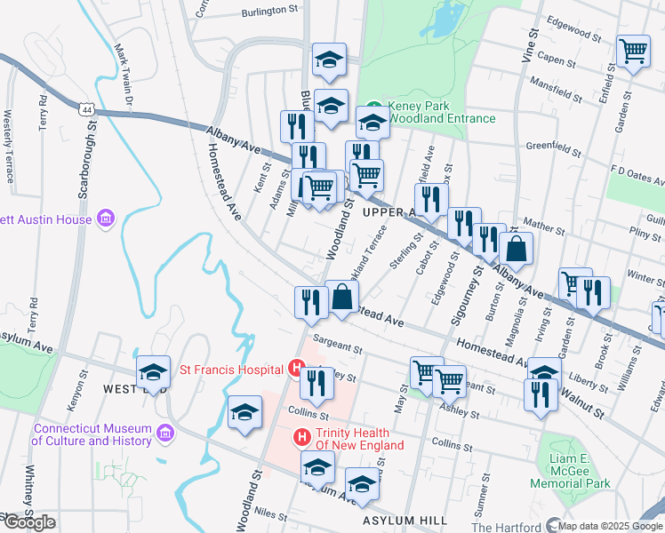 map of restaurants, bars, coffee shops, grocery stores, and more near 369 Woodland Street in Hartford