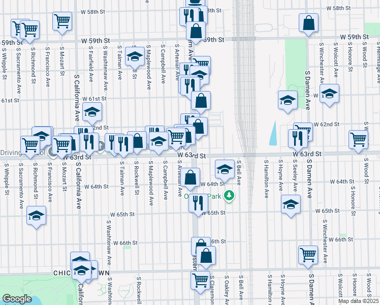 map of restaurants, bars, coffee shops, grocery stores, and more near 6254 South Western Avenue in Chicago
