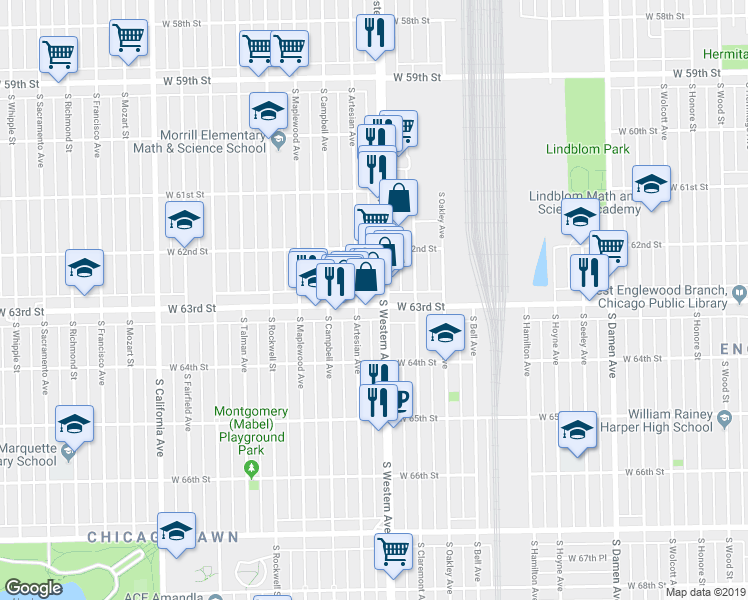 map of restaurants, bars, coffee shops, grocery stores, and more near 6254 South Western Avenue in Chicago