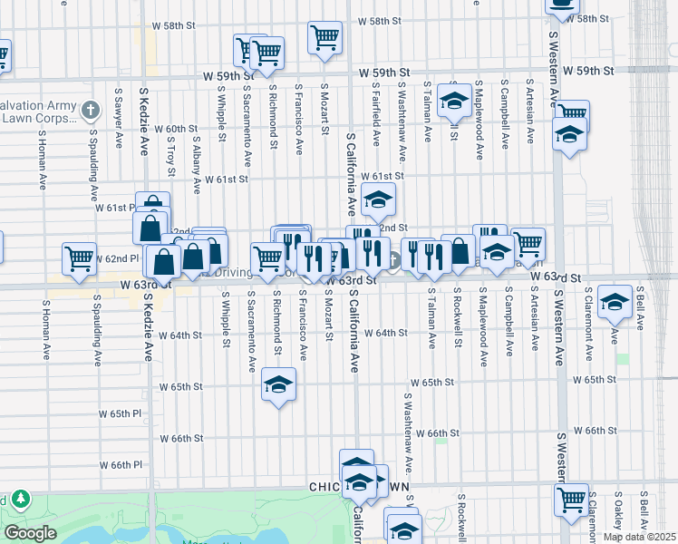 map of restaurants, bars, coffee shops, grocery stores, and more near 2824 West 63rd Street in Chicago