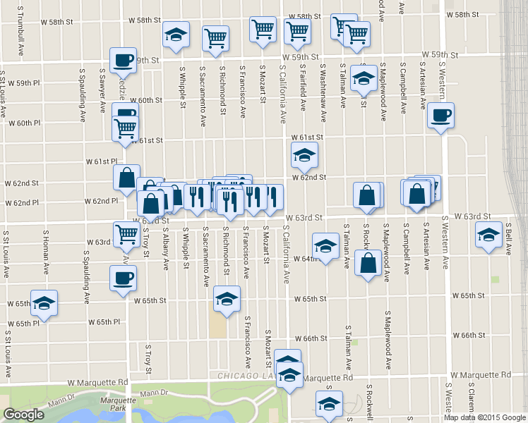 map of restaurants, bars, coffee shops, grocery stores, and more near 2824 West 63rd Street in Chicago
