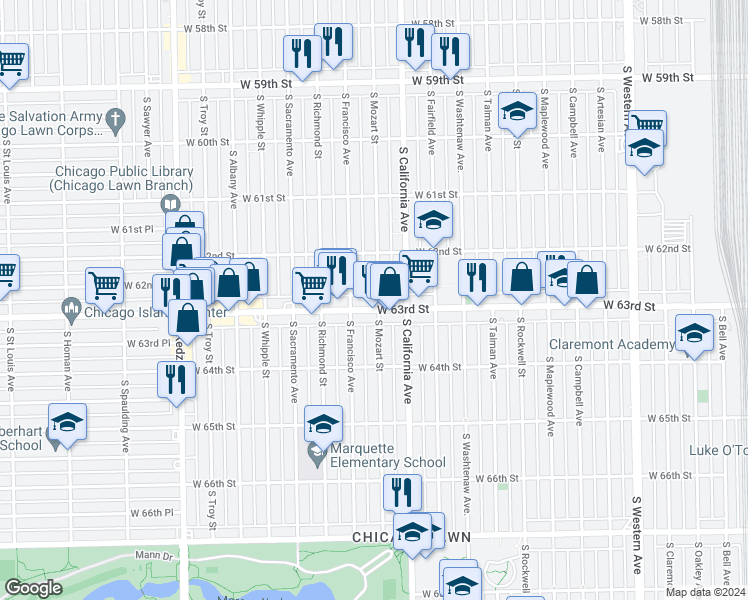 map of restaurants, bars, coffee shops, grocery stores, and more near 2824 West 63rd Street in Chicago