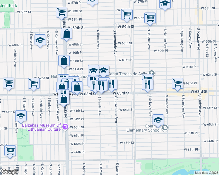 map of restaurants, bars, coffee shops, grocery stores, and more near 3739 West 62nd Place in Chicago