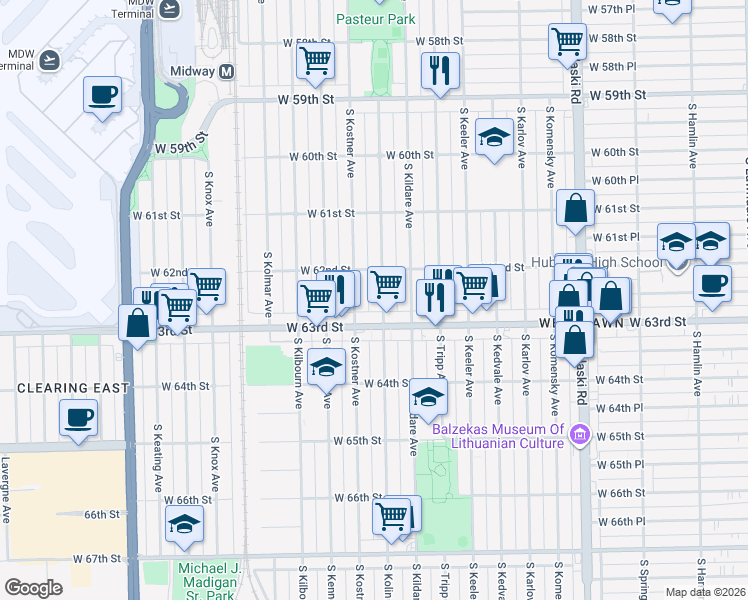 map of restaurants, bars, coffee shops, grocery stores, and more near 6231 South Kostner Avenue in Chicago