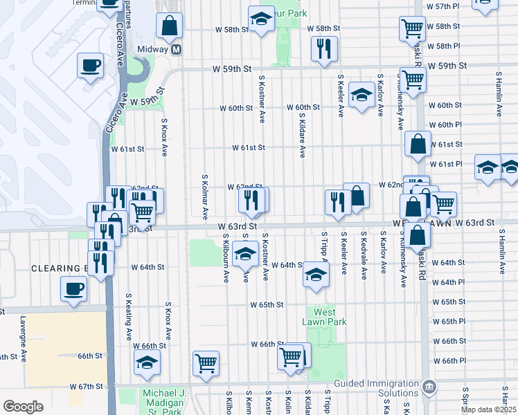 map of restaurants, bars, coffee shops, grocery stores, and more near 6227 South Kenneth Avenue in Chicago