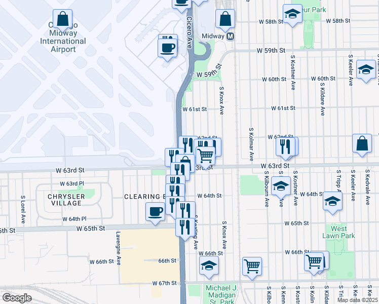 map of restaurants, bars, coffee shops, grocery stores, and more near 6225 South Keating Avenue in Chicago