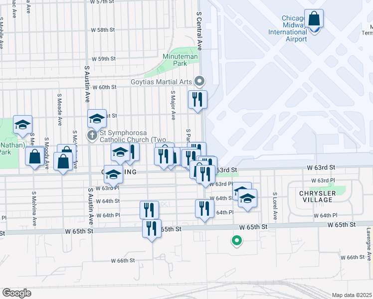 map of restaurants, bars, coffee shops, grocery stores, and more near 6206 South Parkside Avenue in Chicago