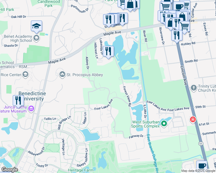 map of restaurants, bars, coffee shops, grocery stores, and more near 5805 Oakwood Drive in Lisle