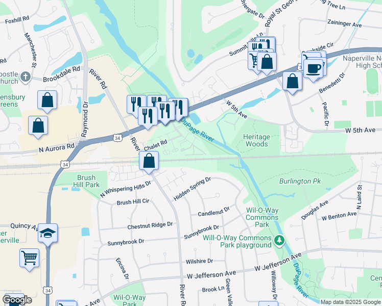 map of restaurants, bars, coffee shops, grocery stores, and more near 457 Valley Drive in Naperville