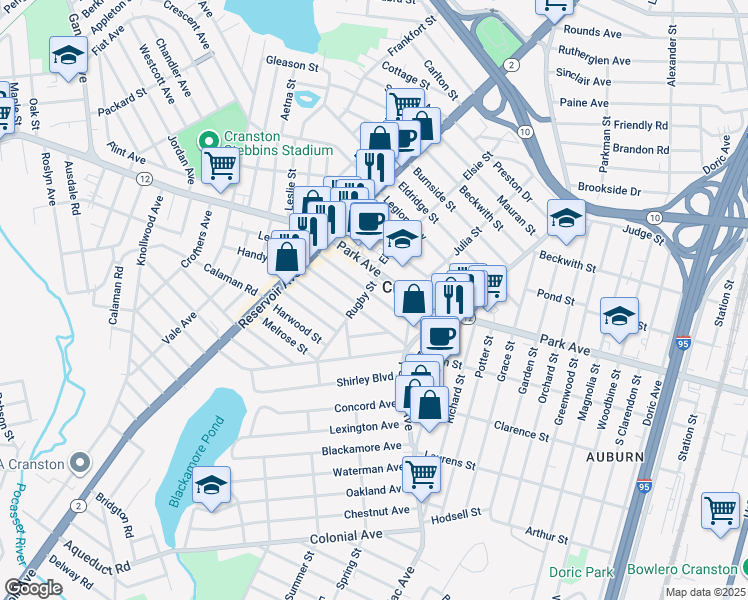map of restaurants, bars, coffee shops, grocery stores, and more near 66 Norfolk Street in Cranston
