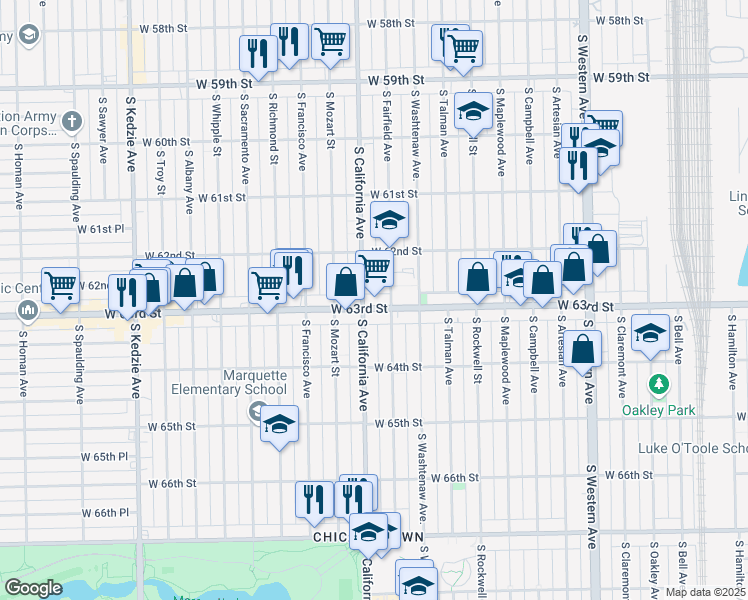map of restaurants, bars, coffee shops, grocery stores, and more near 2750 West 63rd Street in Chicago