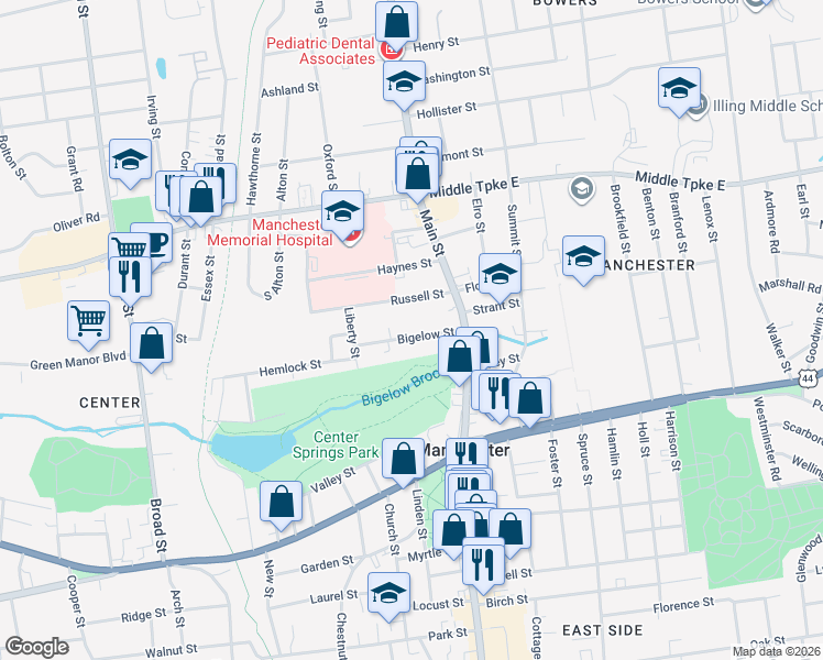 map of restaurants, bars, coffee shops, grocery stores, and more near 41 Bigelow Street in Manchester